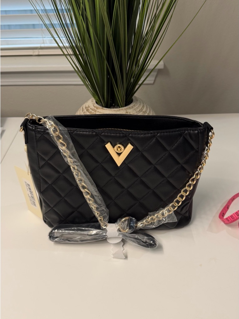 Valentino Orlandi Black Quilted Crossbody with Gold Hardware